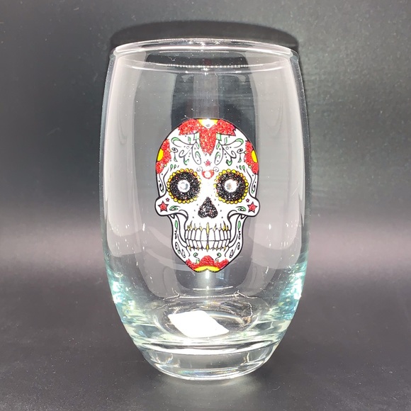 WHITE & RED SUGAR SKULL WITH SWAROVSKI CRYSTAL ACCENTS STEMLESS WINE GLASS NIB - Picture 11 of 11